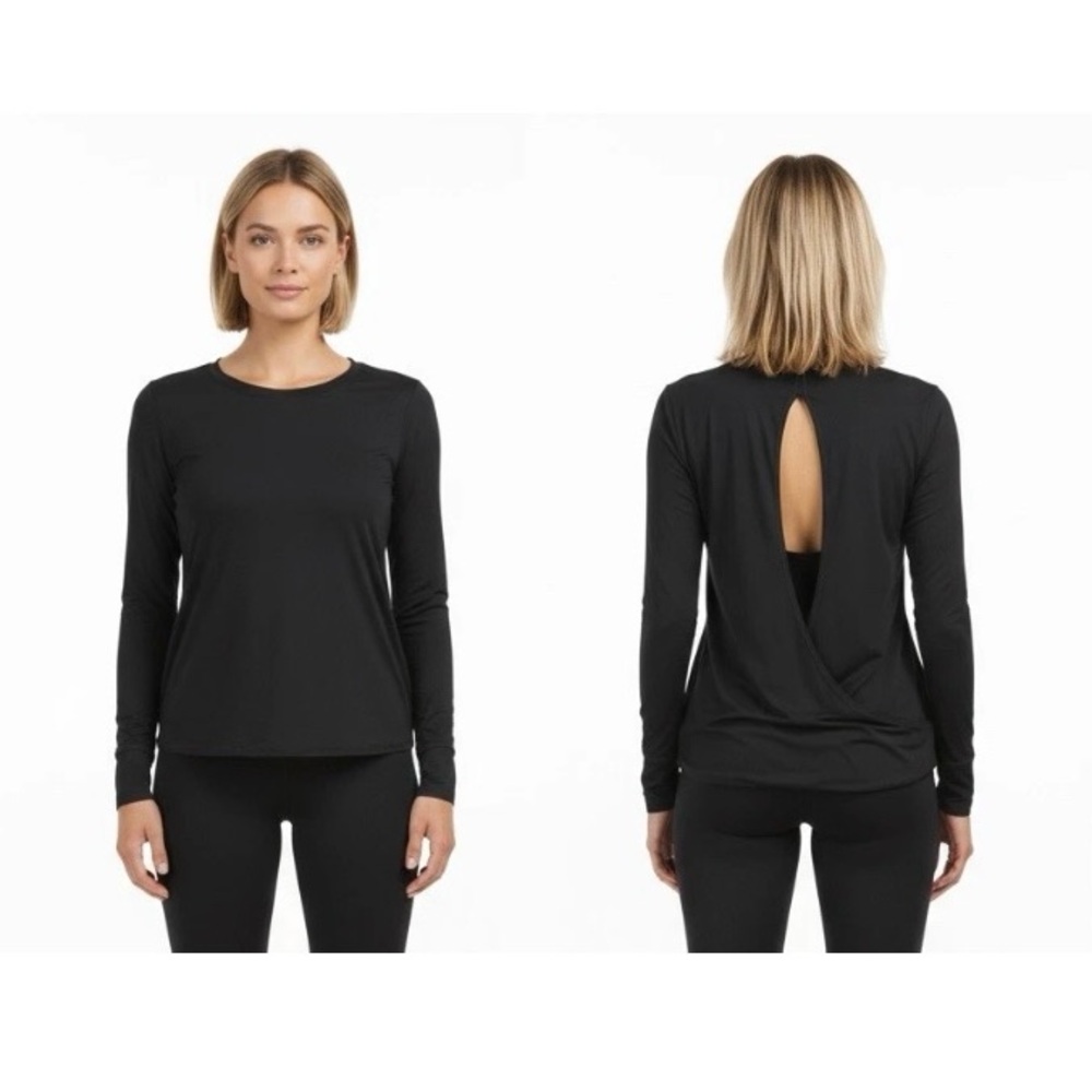 NWT New Spanx Butter Open Back Athletic Workout Shirt in Black Sz XS Thumbholes